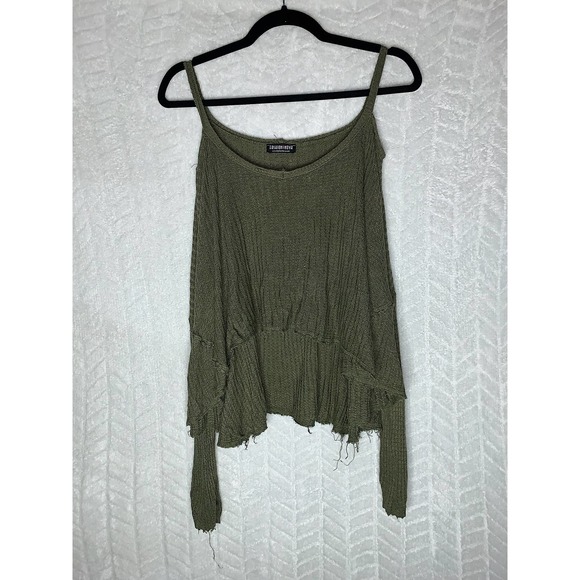 Fashion Nova Hi Lo Knit Cold Shoulder Top Green - Picture 1 of 4